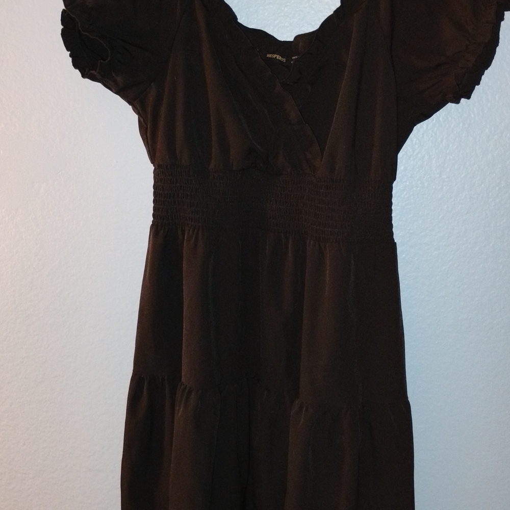 Smocked-Waist Black Mini Dress with V-Neck